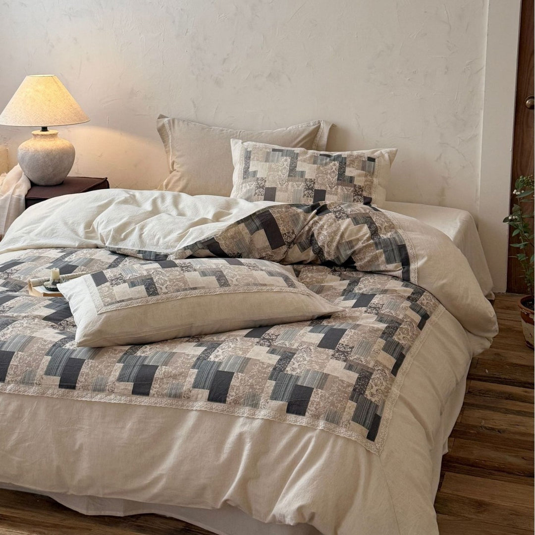 Moderne Patchwork-Bettwäschegarnitur in Leinenoptik mit Wende-Design