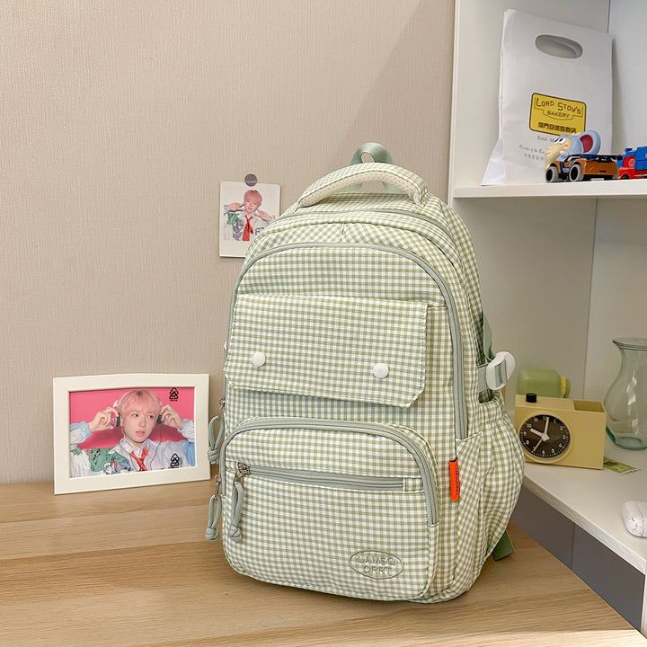 Gingham Print Mehrfach-Taschen Rucksack Karnz
