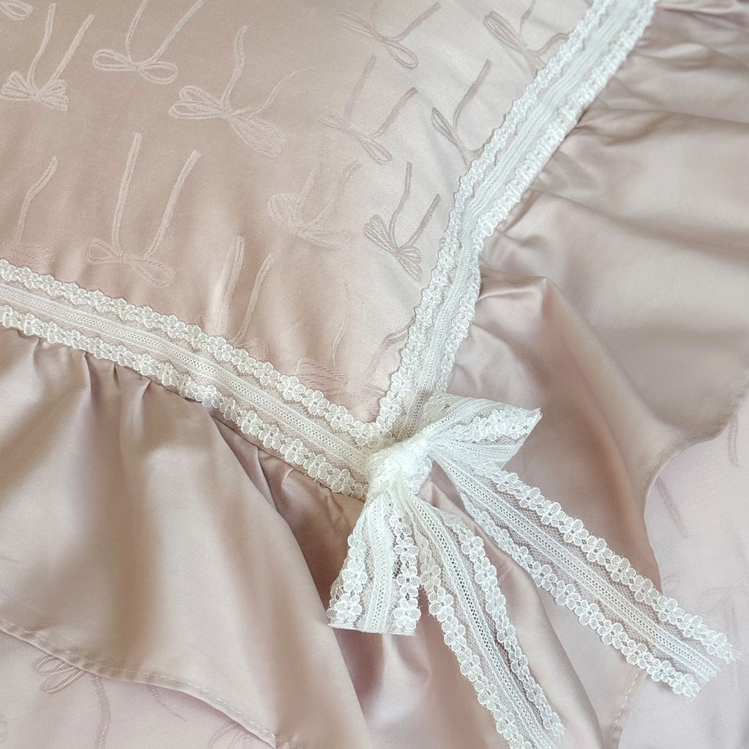 Rüsch-Jacquard-Schleifenmuster-Satin-Bettbezug-Set mit Spitzenbesatz und Kissenbezügen