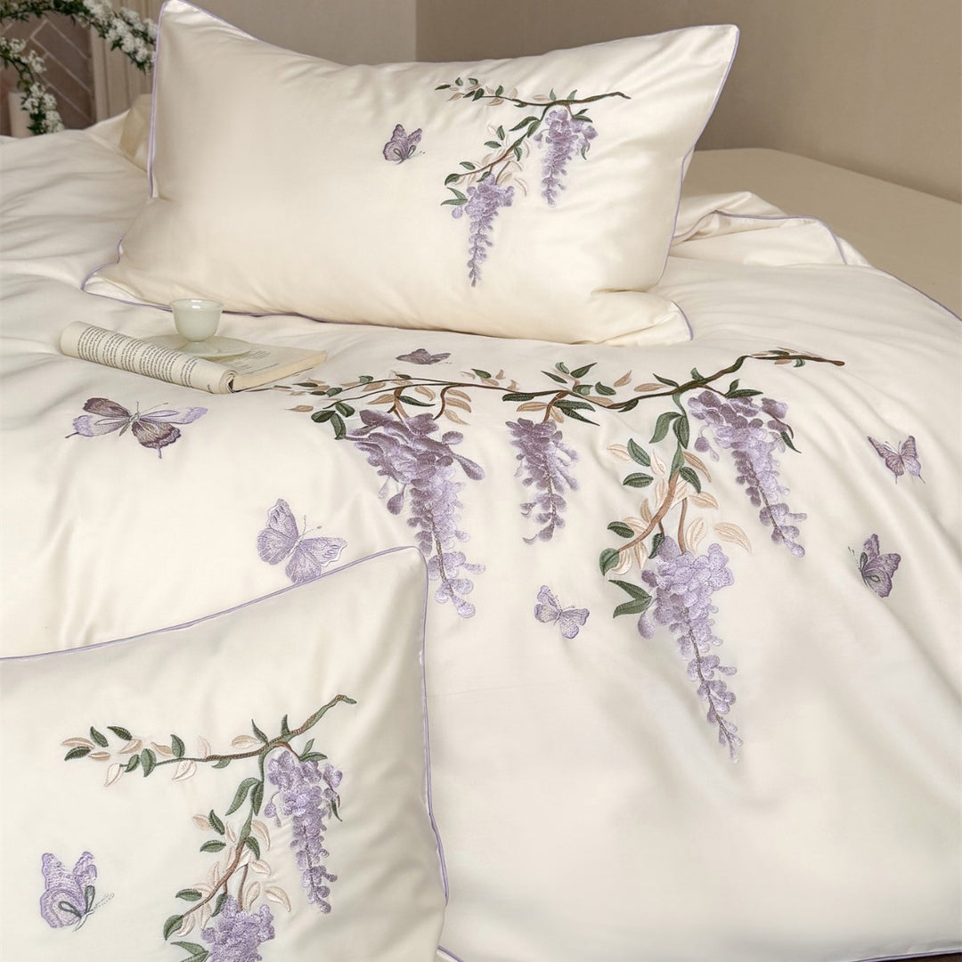 Gestickte Botanische Satin Bettbezug Set mit Zartem Glyzinienmotiv