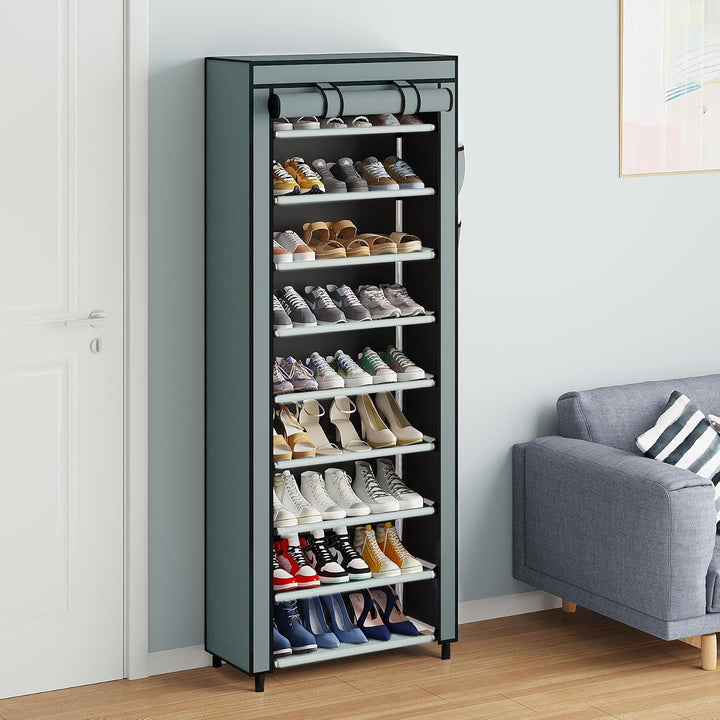 hoher vertikaler Schuhschrank mit aufrollbarem Schutzdeckel und klaren Regalplatten Karnz