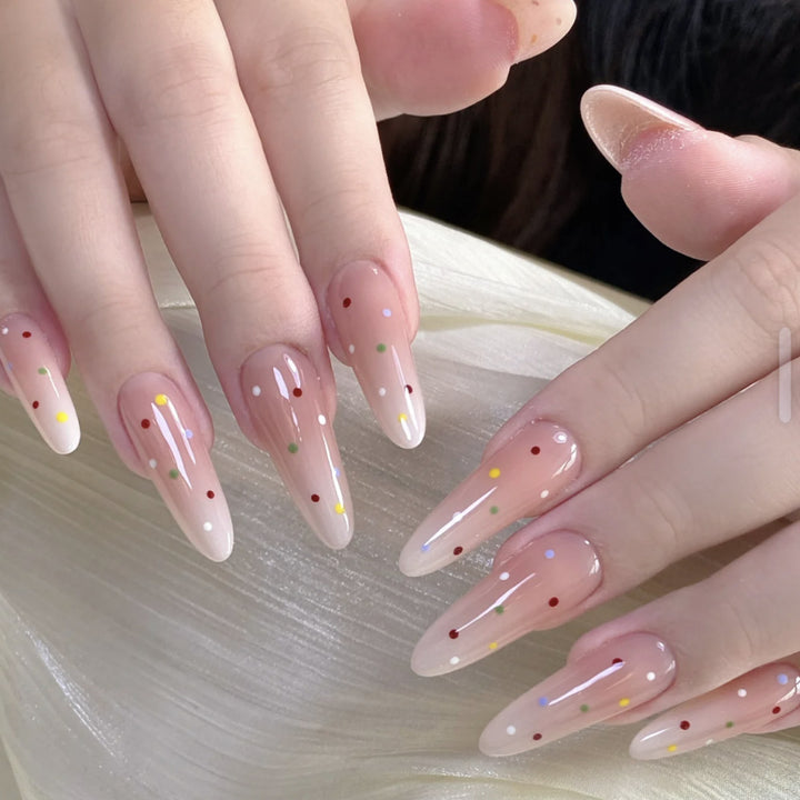 Premium Künstlerische Press-On Nagelspitzen Set mit Bunten Punkten Karnz