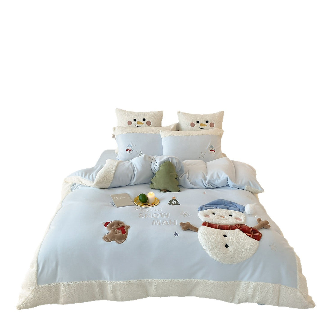 Kindermantel Sherpa-Besatz bestickte Schneemann Bettwäsche Set mit Kissenbezügen