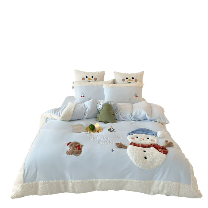 Kindermantel Sherpa-Besatz bestickte Schneemann Bettwäsche Set mit Kissenbezügen