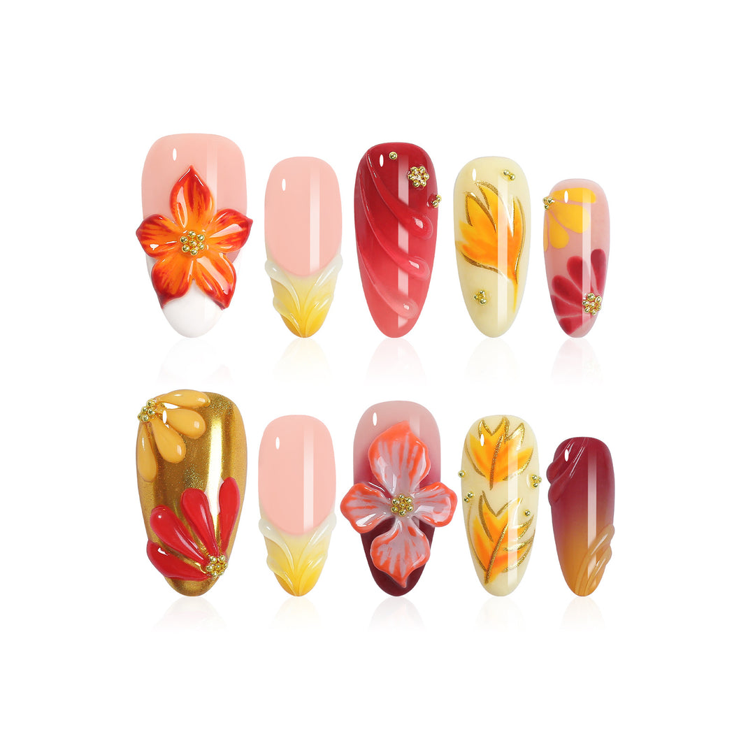 Kunstnagel-Set mit floralen Designs und glamourösen Verzierungen Karnz
