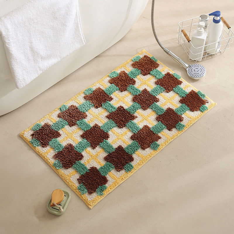 flauschige Bad- und Fußmatte aus Baumwoll-Tufting mit Retro-Karo-Muster