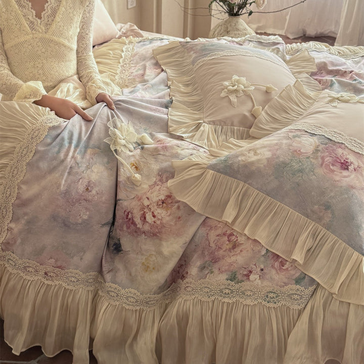 Romantisches Rüschendes Floral-Aquarell-Bettwäsche Set mit Spitzendetails und Satin-gefühl Kopfkissenbezügen