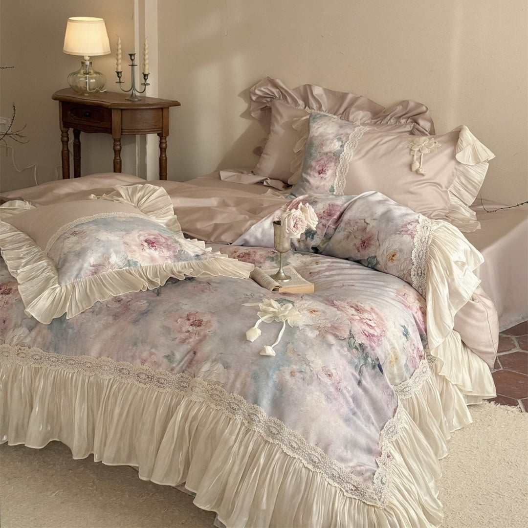 Romantisches Rüschendes Floral-Aquarell-Bettwäsche Set mit Spitzendetails und Satin-gefühl Kopfkissenbezügen