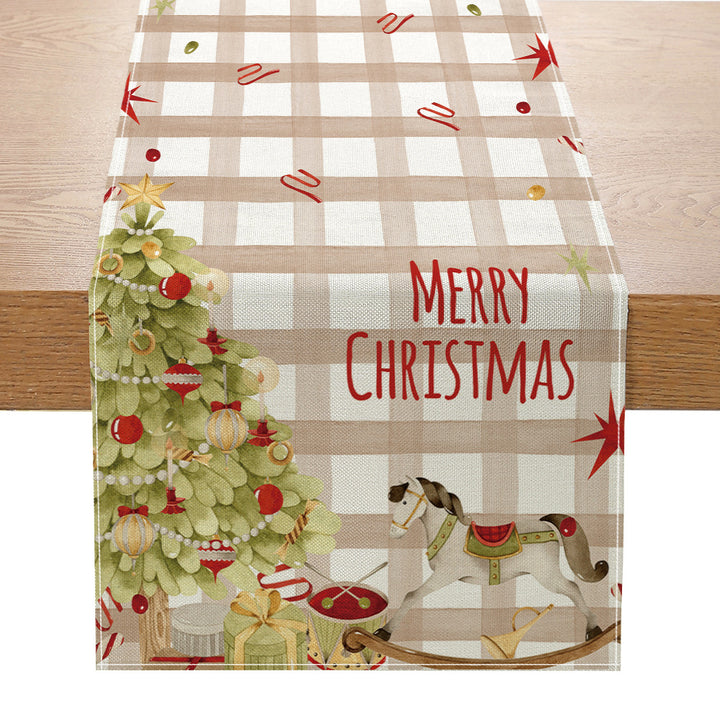 Festive Buffalo-Check Leinen-Textur Weihnachts Tischläufer mit Baum und Schaukelpferd Druck