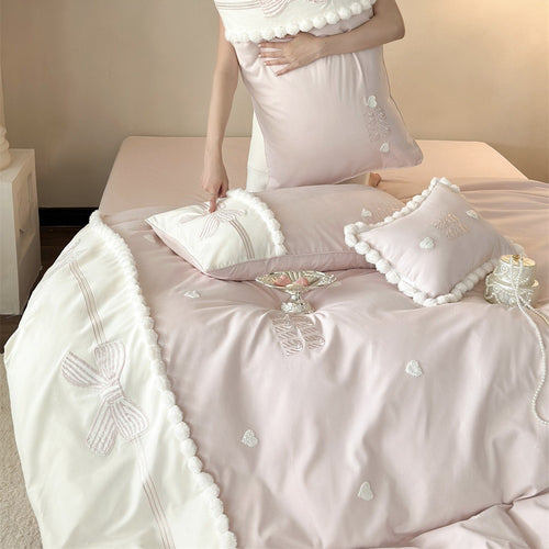Bestickte Schleife und Pom-Pom Besatz Luxus Bettbezug Set