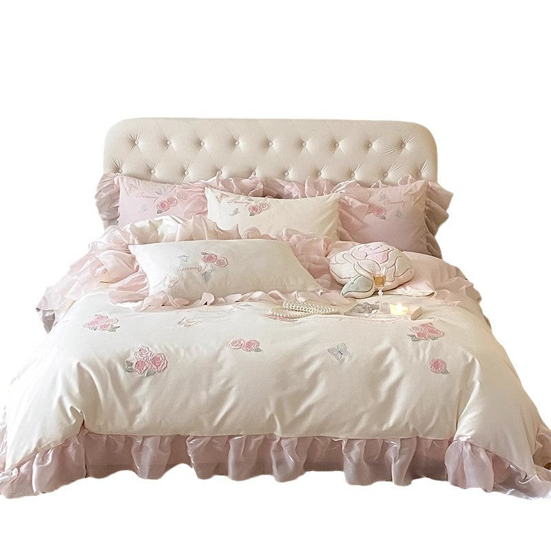 Rüschen Satinbesatz Bestickte Rose Bettbezug Ensemble