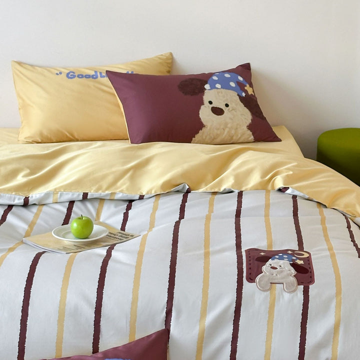Gestreiftes Baumwollsatin Bettbezug-Set mit gesticktem Teddy-Applikation