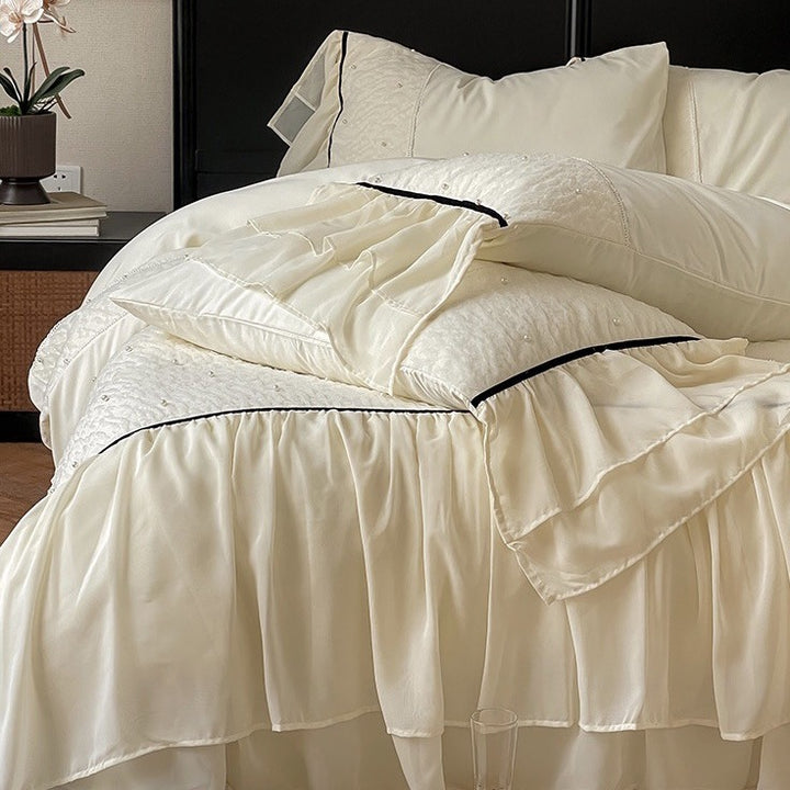 Luxuriöses Bettwäscheset mit Chiffon-Rüschen, Steppdecke und Kontrastpaspel