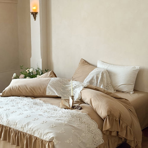 Ruffled Lace-Trim Cotton Sateen Duvet Cover Set with Skirted Base and Embroidered Overlay