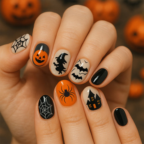 Halloween Kunstnagelset mit kreativen Spinnen- und Kürbismotiven Karnz