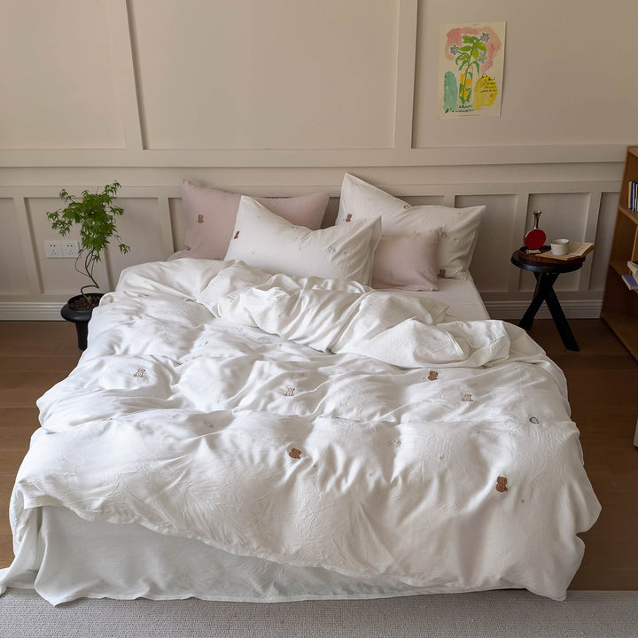Bestickte Baumwollsatin Teddy Bettbezugset