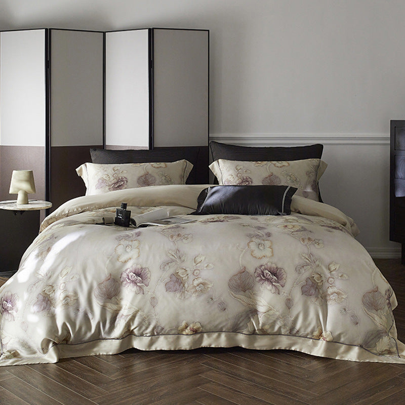 Premium-Baumwollsatin-Duvetbezug-Set mit Aquarellblumenmuster und seidig-mattem Griff
