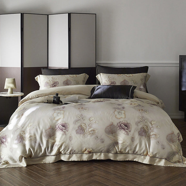 Premium-Baumwollsatin-Duvetbezug-Set mit Aquarellblumenmuster und seidig-mattem Griff