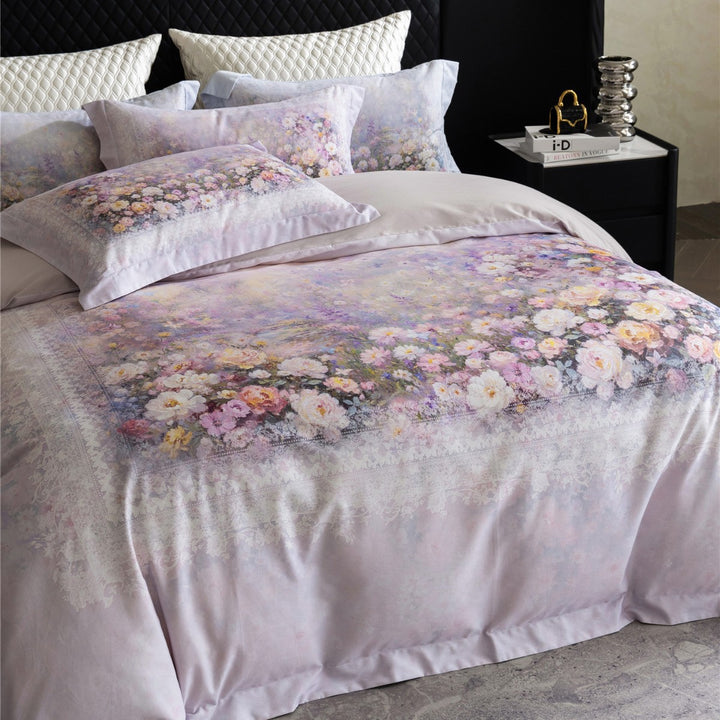 Florales Kunst-Print Baumwoll-Satin Bettbezug Set mit Wendeseite & Dekorativen Kissenbezügen