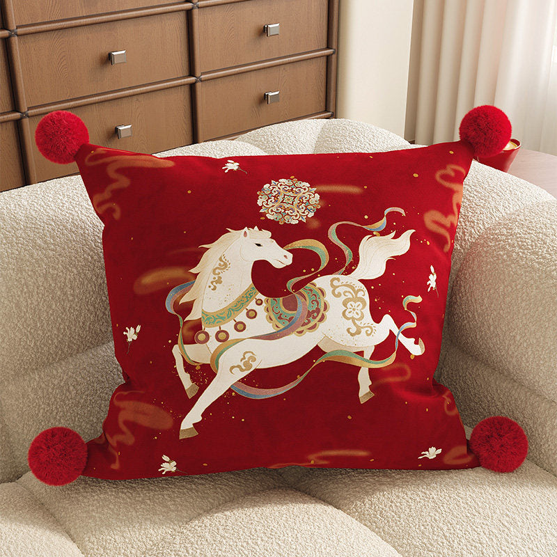 Decorative Square Pom-Pom Throw Pillow Cover with Jacquard Floral Motif