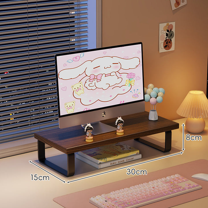 Kompakte Holz-Desktop-Monitorerhöhung mit Metallbeinen und unterer Ablagefläche