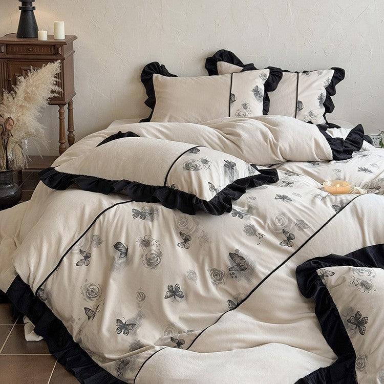 Rüschend Blumens und Schmetterling Baumwolle Bettwäsche Set mit Paspeltrim