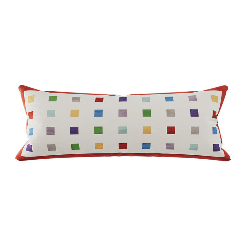Long Lumbar Velvet Pillow Cover with Checkerboard Textured Panel and Hidden Zipper