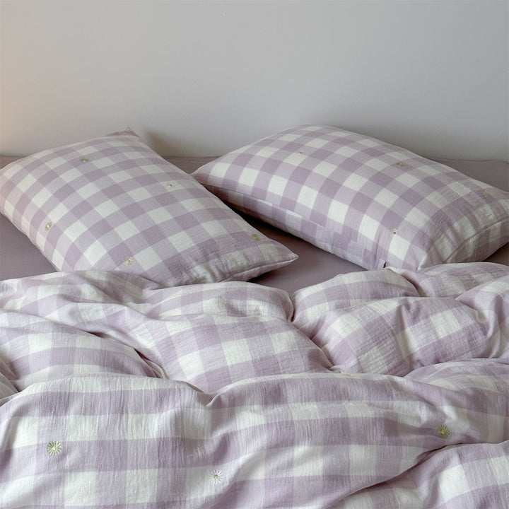 Bettbezug-Set aus leichter Baumwoll-Musselin mit kariertem Struktur- und Zierstickdesign