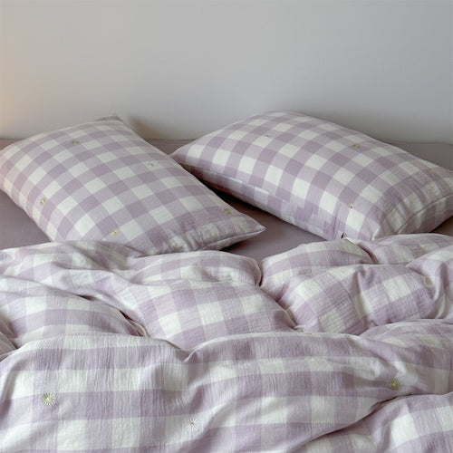 Bettbezug-Set aus leichter Baumwoll-Musselin mit kariertem Struktur- und Zierstickdesign