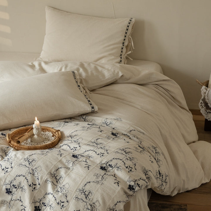 Bestickte Leinen-Bettbezugset mit Vintage-Patchwork-Blumenmuster
