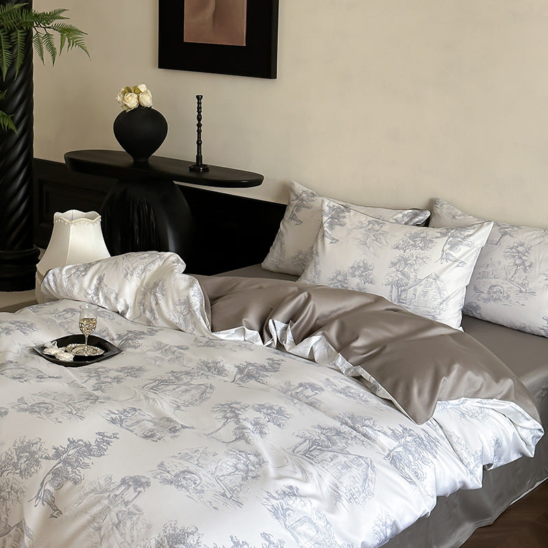 Wendbare Premium-Satin-Bettwäsche-Garnitur mit botanischem Aquarellprint und extraweichem Griff