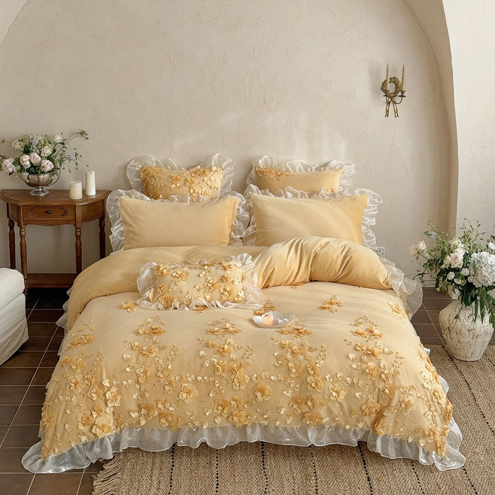 Bestickte 3D Blumen Rüsch Leinen-Mischung Bettbezug Bettwäsche Set