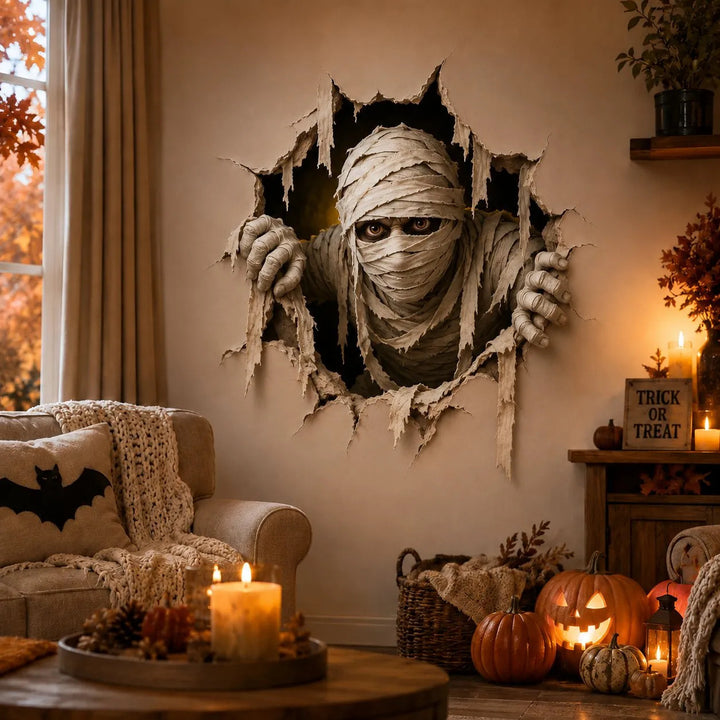 Dreidimensionaler Halloween-Wandsticker Hexe mit Loch-in-Wand-Effekt und Kürbislaterne