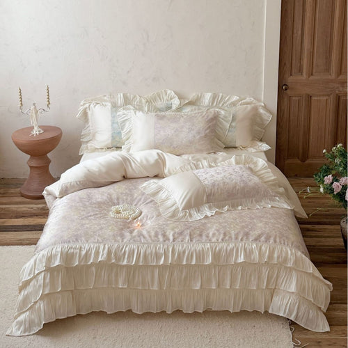 Rüschensatinbesatz Blumencotton-Satin Bettbezug-Set