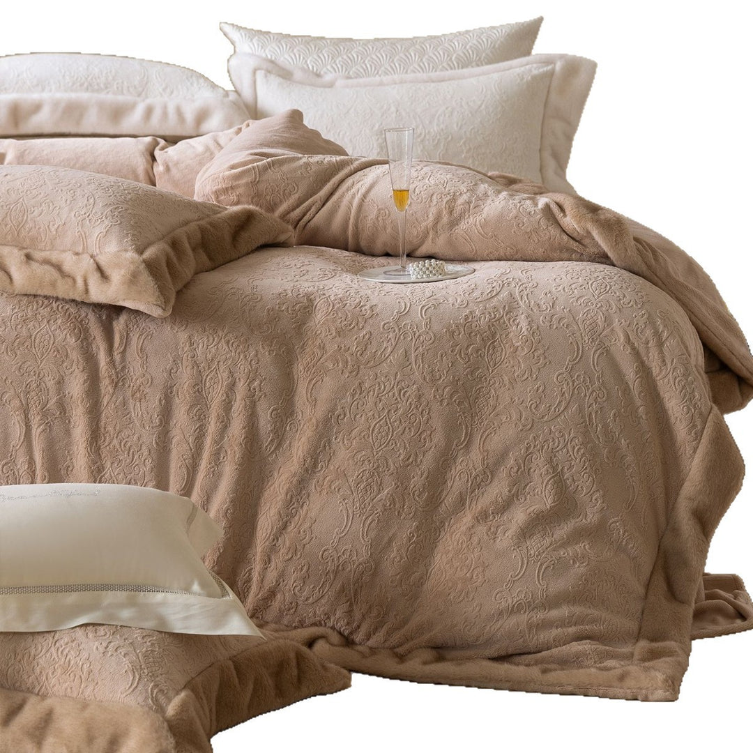 Besticktes Plüschvelours Bettbezug Set mit Kunstfellbesatz