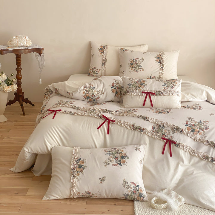 Floral Rüsch Baumwollsatin Bettbezug Set mit dekorativen Schleifen