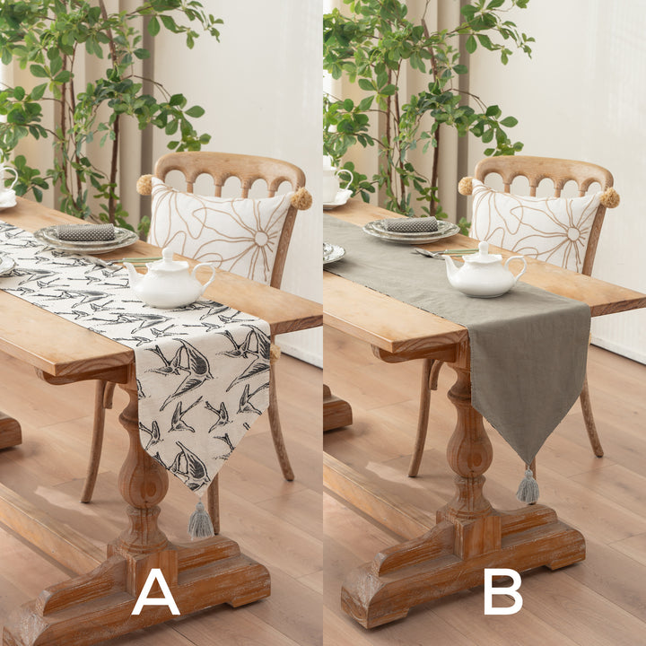 Eleganter Leinen-Tischläufer mit Quasten und dekorativem Druck