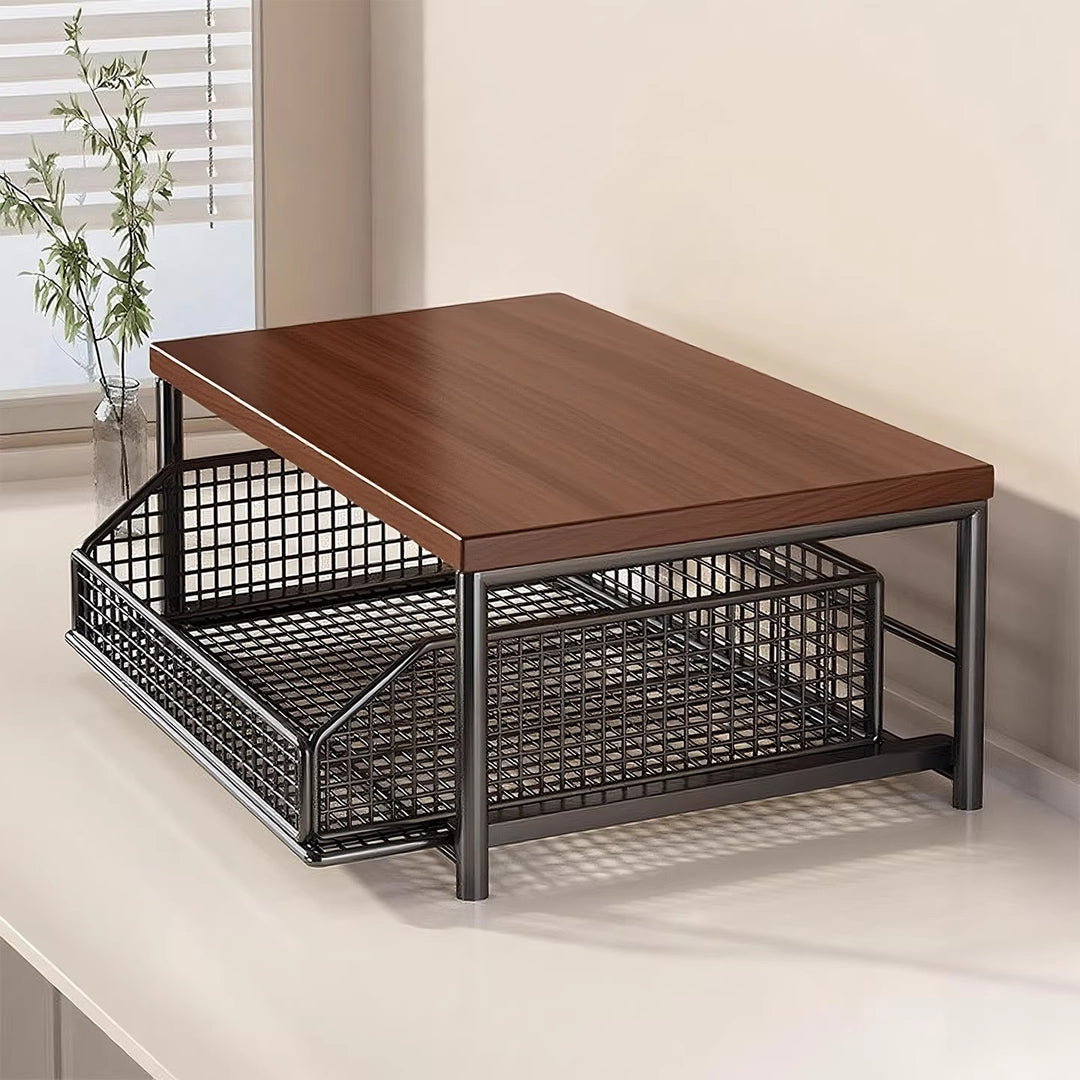 Kompakte Zwei-Ebenen-Countertop-Kaffee-Station-Organizer mit Holzoberfläche und herausziehbaren Drahtgitterkörben