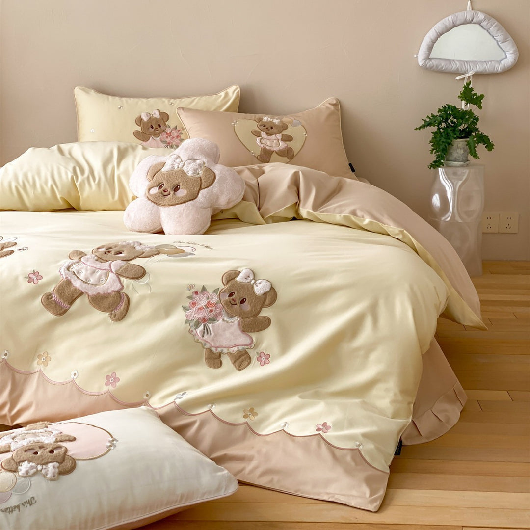 Bestickte Teddy Bear Luxus Baumwoll-Satin Jugend Bettwäsche Set