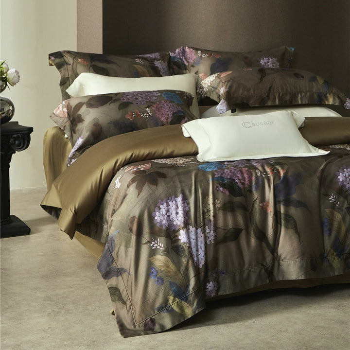 Botanisches Satin-Jacquard Luxus Bettbezug-Set mit satinierter Rückseite & Euro Kopfkissenbezügen