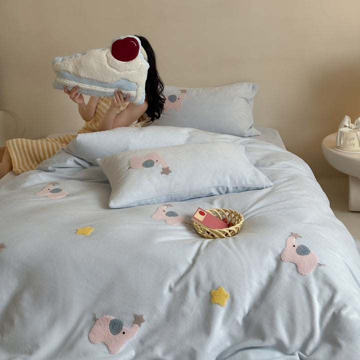 Bestickte Welpen-Motiv Baumwollsatin Bettwäsche Set