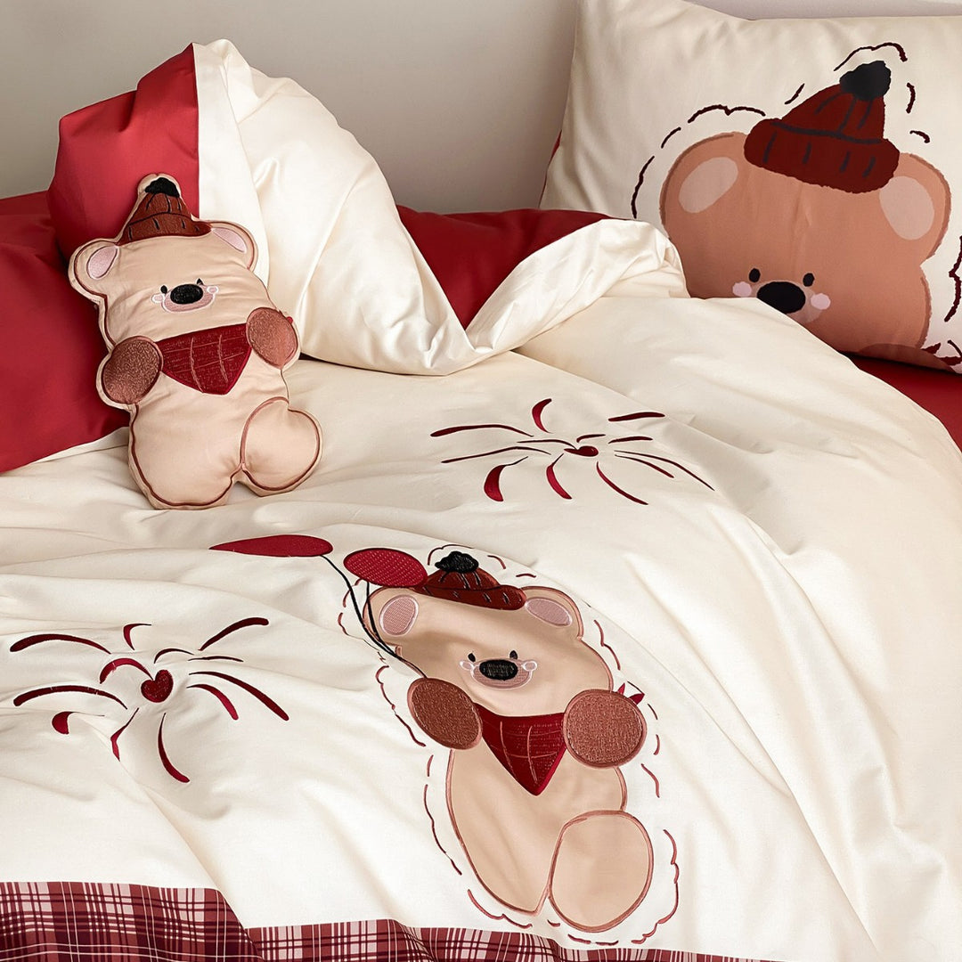 Kinder-Bettwäsche-Set aus Baumwollsatin mit süßem Bärenprint, Wendefunktion & gesteppter Kissenblende