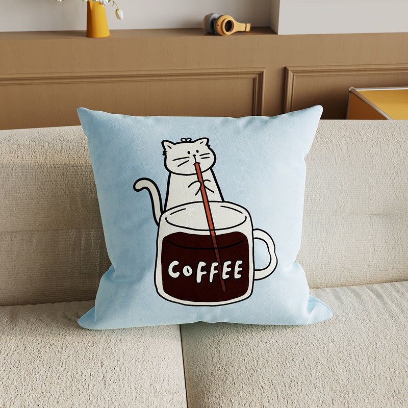 Square Decorative Pillow Cover with Cute Cat Stirring Coffee Illustration Soft Plush Removable Cushion Cover Hidden Zipper