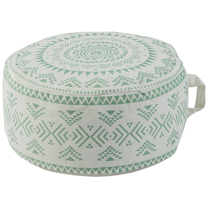 Runder Sitzpouf aus robustem Baumwollmix mit Ethno-Mandala‑Print und Tragegriff