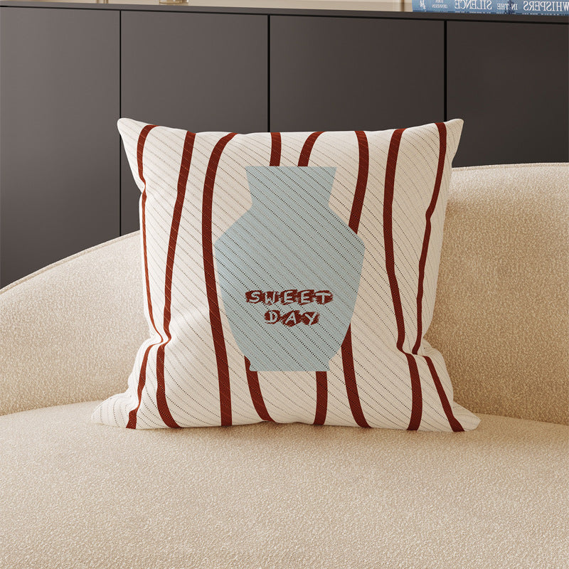 Decorative Square Throw Pillow Cover with Coffee Mug Graphic and Striped Jacquard Texture