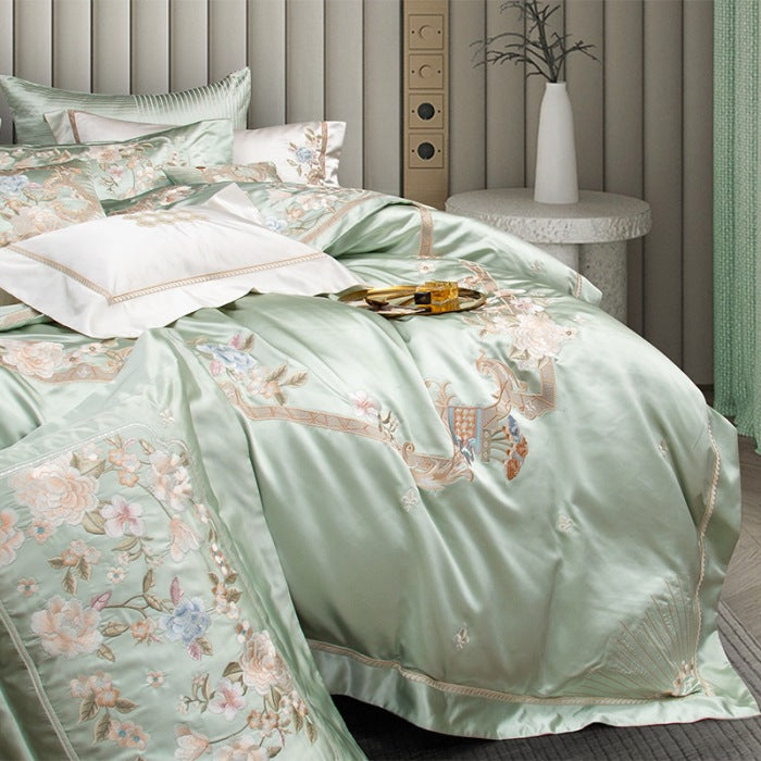 Luxuriöser gestickter Satin Bettbezug mit floralem Jacobean-Stick und Oxford-Kissenbezügen