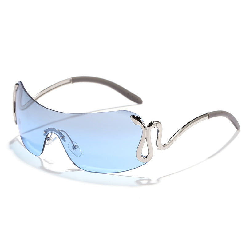 Damen modische futuristische Sonnenbrille mit geschwungenem Rahmen Karnz