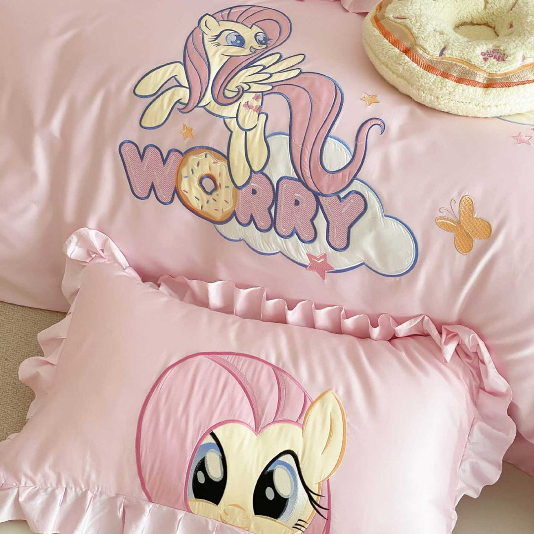 Cartoon Pony Rüsch Satin Bettbezugs Set
