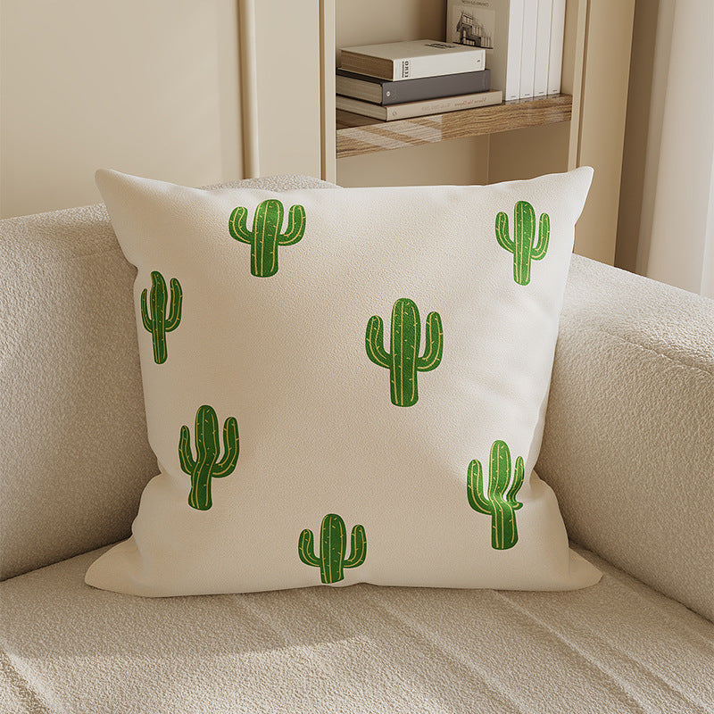 Decorative Square Cotton-Linen Throw Pillow Cover with Cactus Motif and Hidden Zipper
