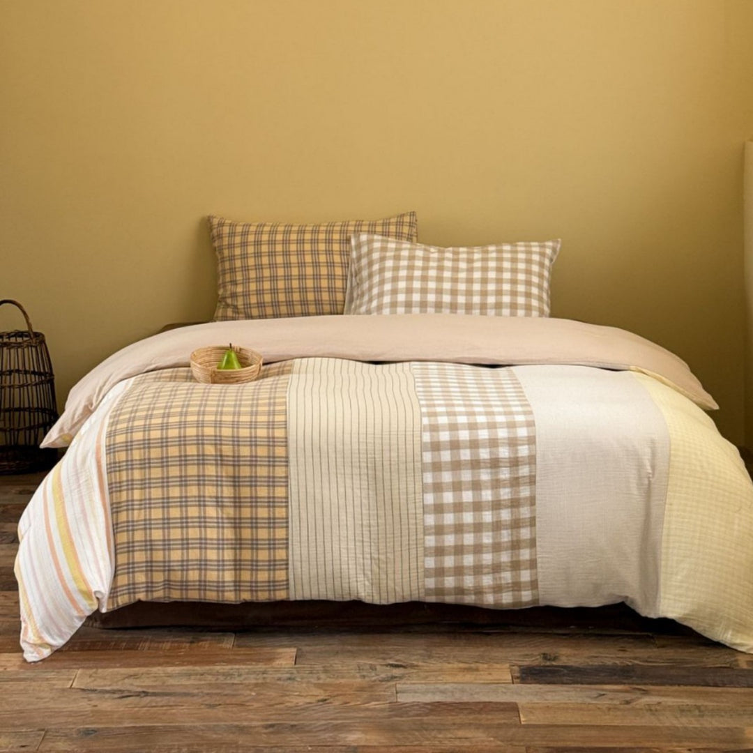 Patchwork-Plaid Wende-Bettwäsche-Set aus Baumwolle-Leinen mit Kissenbezügen